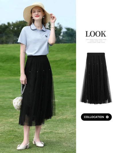 I BELIEVE YOU Blue Polo Collar T-shirt Top for Women Summer 2025 Butterfly Embroidered Breathable Short Sleeve Tees 2252015969