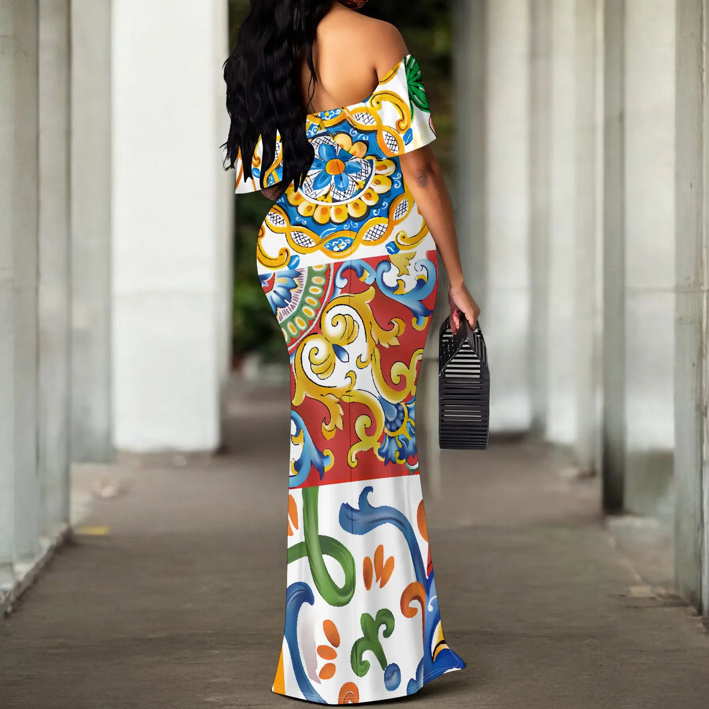 S-3XL Italian Tile Print Maxi Dress Off Shoulder Summer Holiday Boho Dress for Women