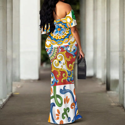 S-3XL Italian Tile Print Maxi Dress Off Shoulder Summer Holiday Boho Dress for Women