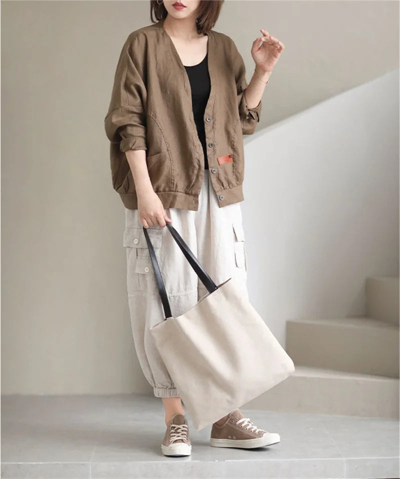 Fashion Cotton Linen Short Jacket For Women Spring Autumn New  Retro Loose V-Neck Thin Casual Top Coat Sunscreen Clothing