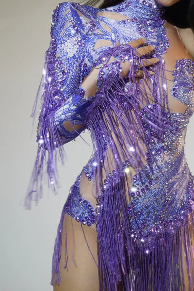 Women Dance Costume Sexy Skinny Leotard Singer Dancer Show Stage Wear Sparkly Blue Rhinestones Fringes One Shoulder Bodysuit