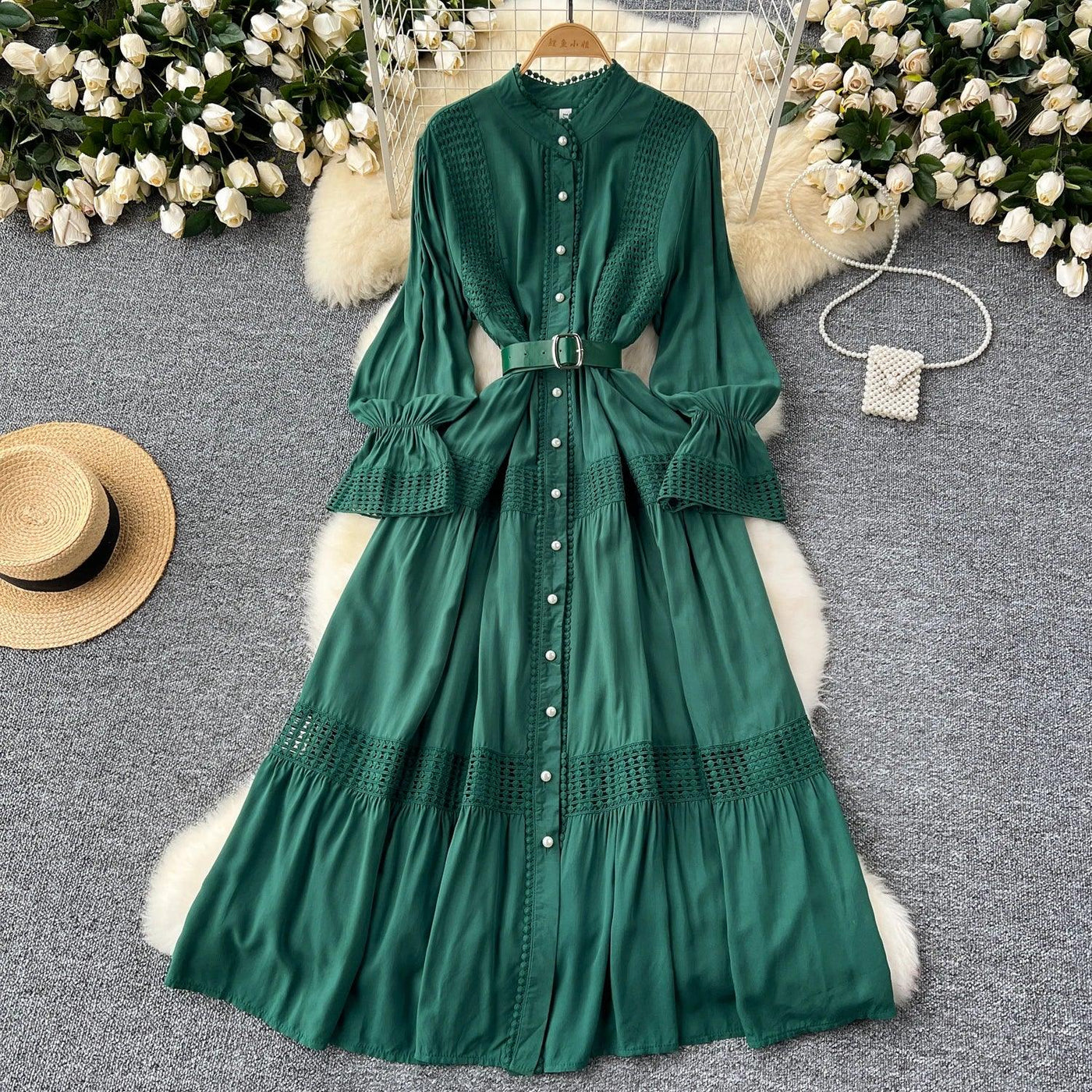 Retro Elegant Summer Stand Collar Flare Sleeve Single Breasted Lace Spliced Dress A-line French Evening Party Women Dresses