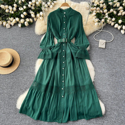 Retro Elegant Summer Stand Collar Flare Sleeve Single Breasted Lace Spliced Dress A-line French Evening Party Women Dresses