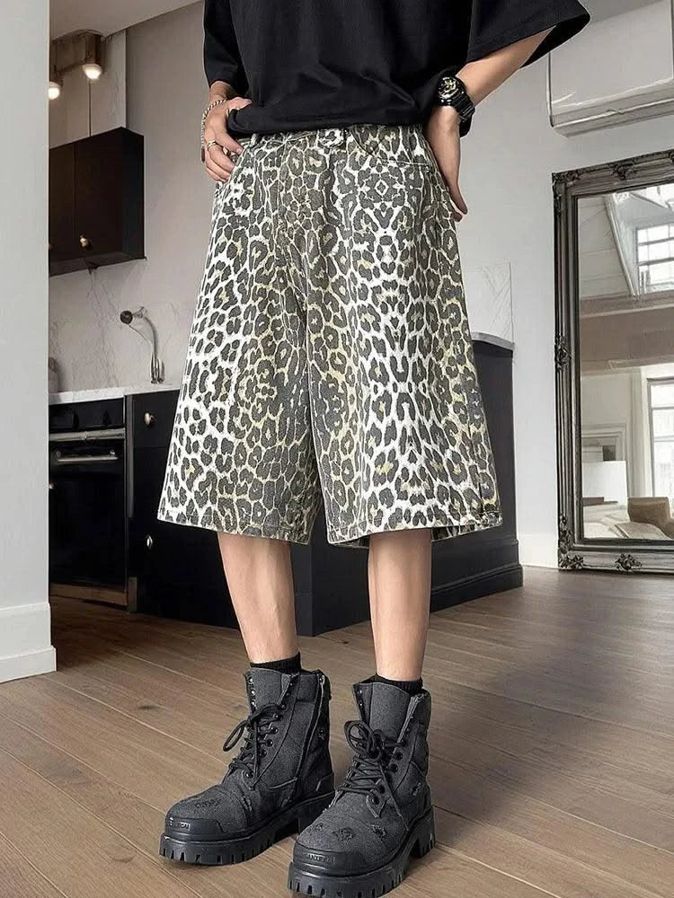 Fashion Harajuku Summer Hip Hop Leopard Painted Plus Size Sweatpants Men Straight Leg Trousers Sports Wide Leg Shorts Pants