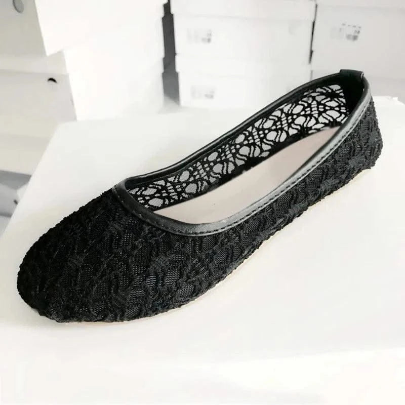 Women Fashion Lace Slip On Cut Outs Bow Ballet Breathable Flats Shoes