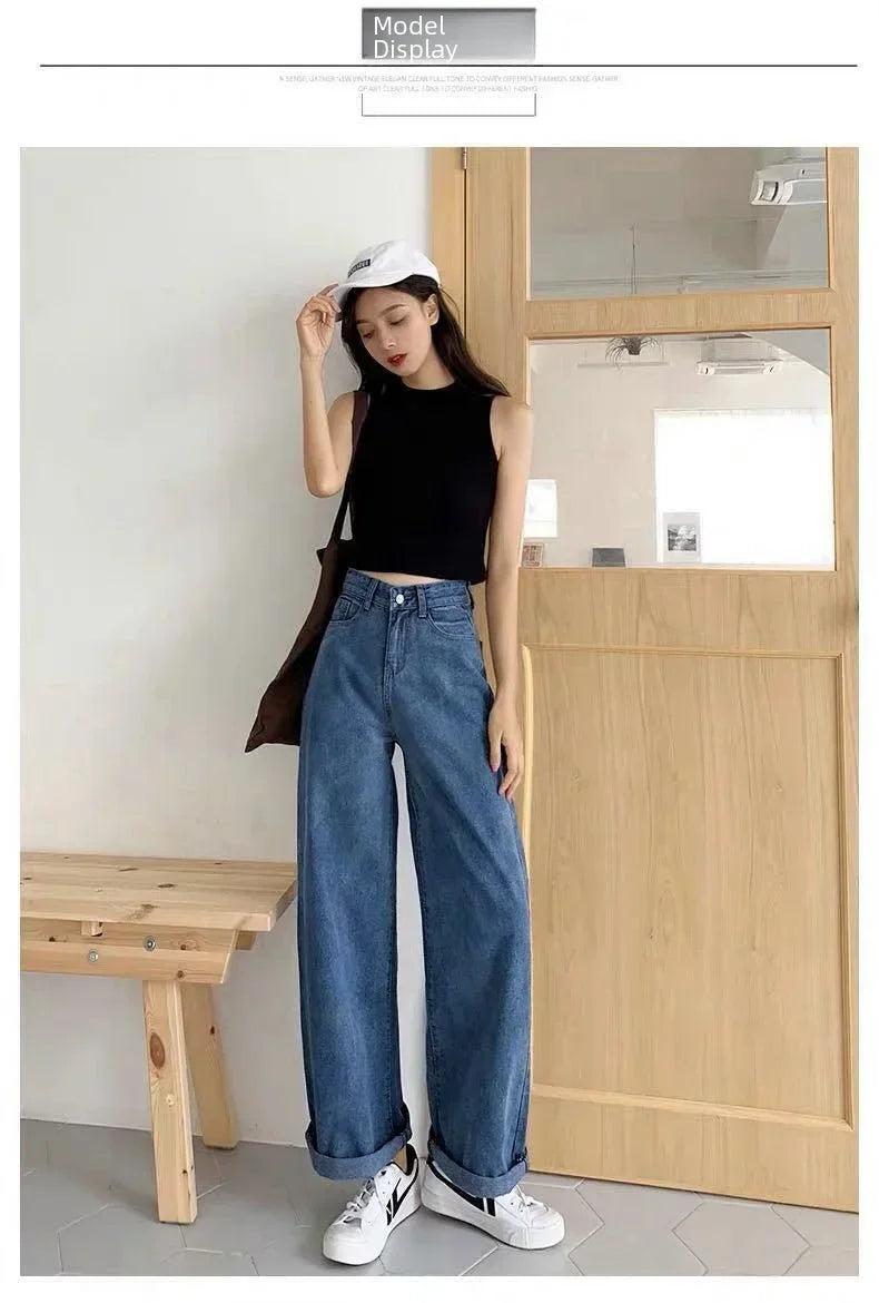 Loose Straight Cylinder Women Jeans High Waist Slimming Long Pants Trendy Cotton Fabric Comfortable Casual Style
