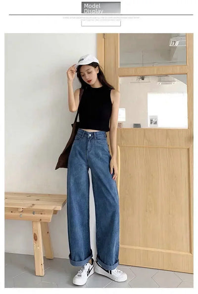 Loose Straight Cylinder Women Jeans High Waist Slimming Long Pants Trendy Cotton Fabric Comfortable Casual Style