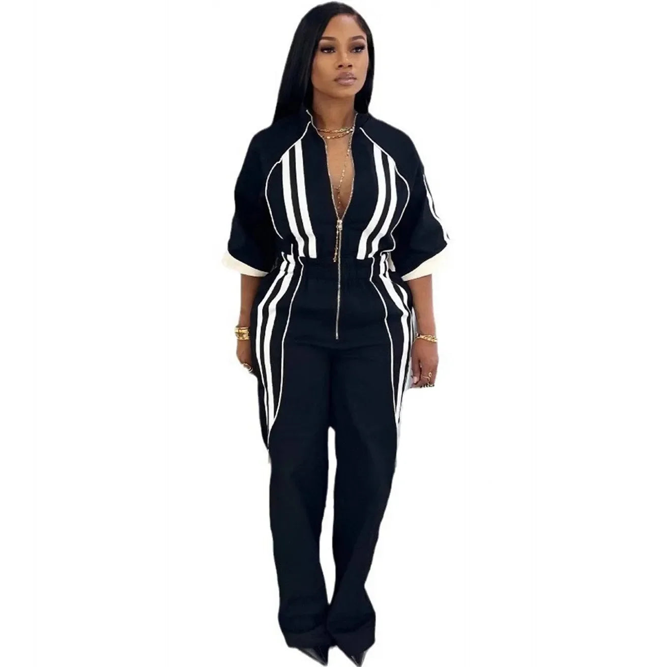 Women Jumpsuits For Spring 3/4 Sleeve Print Stripe Loose Fashion Streetwear Overalls Wide Leg Pants Trousers 2025 Summer