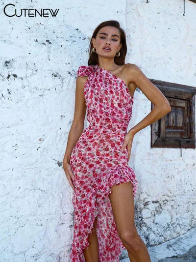 Cutenew Floral Print Women Midi Dresses Fashion Incline Shoulder Bandage Ruffle Splited Vestidos Female Vacation Street Bodycon