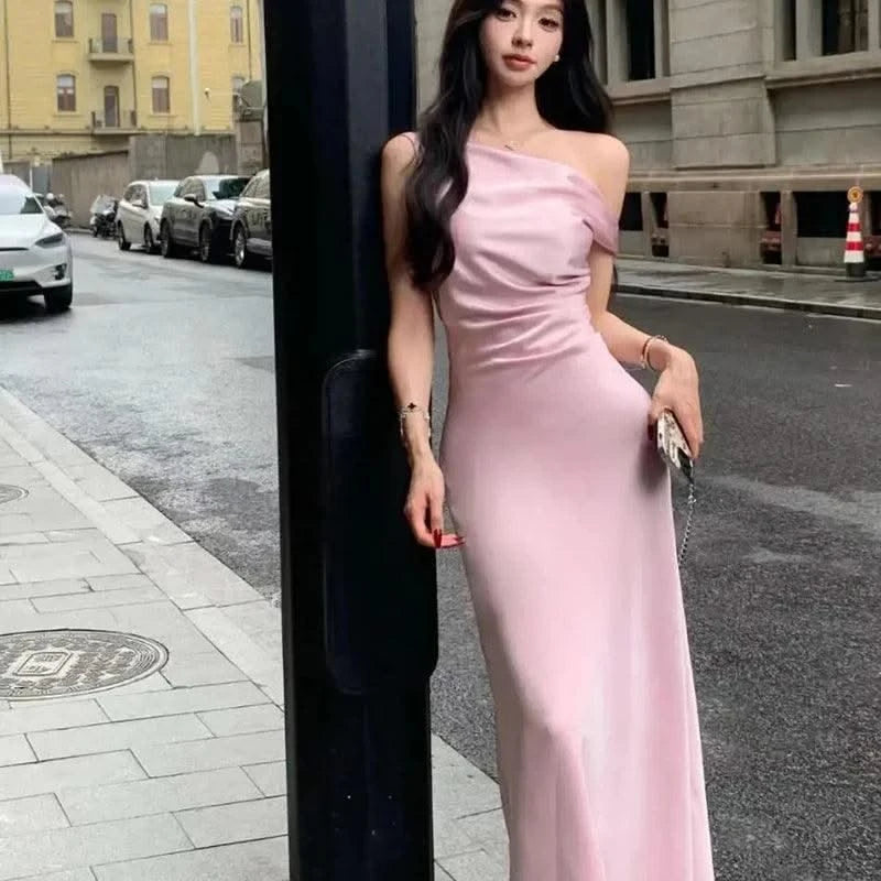 Satin Sexy Off Shoulder Dress Women Pink Skinny Elegant Soft Dress Classic Fashion Party Evening Gown Sleeveless Lady Vestidos