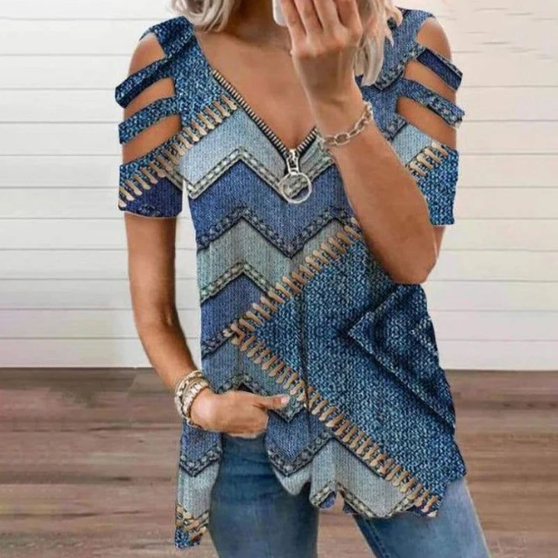 Summer Women's Oversized T-shirt 2025 Elegant Print Floral Casual Zipped V-Neck Sexy SlimTop Female Plus Size For Women Clothing