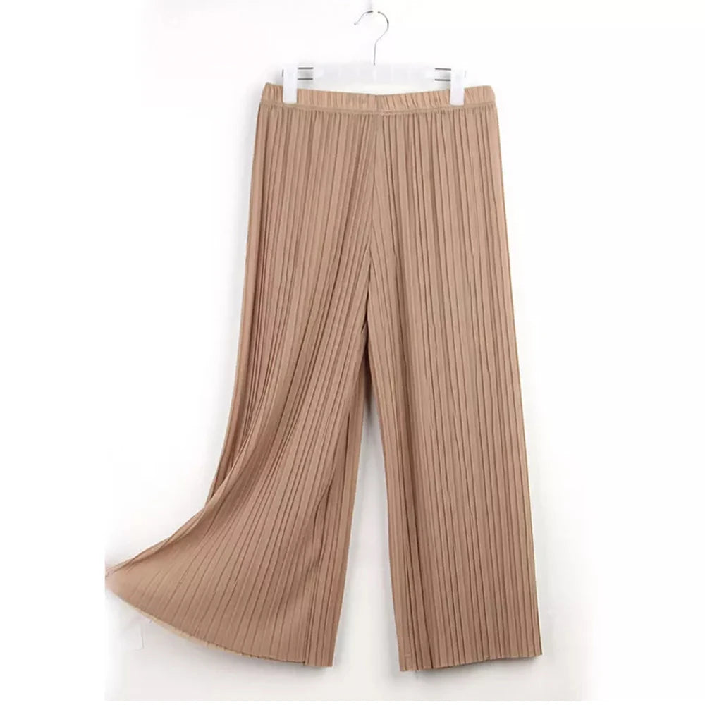Women's Pants Wide Leg Pants Crinkle Plain Trousers Baggy Elastic Waist Bottoms Woman Clothes pantalones ropa para mujer 바지
