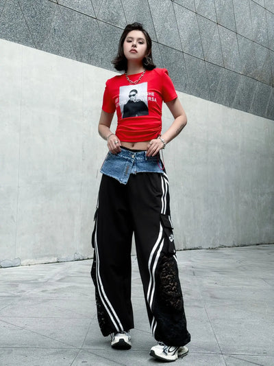 Wide Leg Pants Women Floor Length Patchwork Lace Denim Stripe Print High Waist Multiple Pockets 2025 Streetwear Cargo Trousers