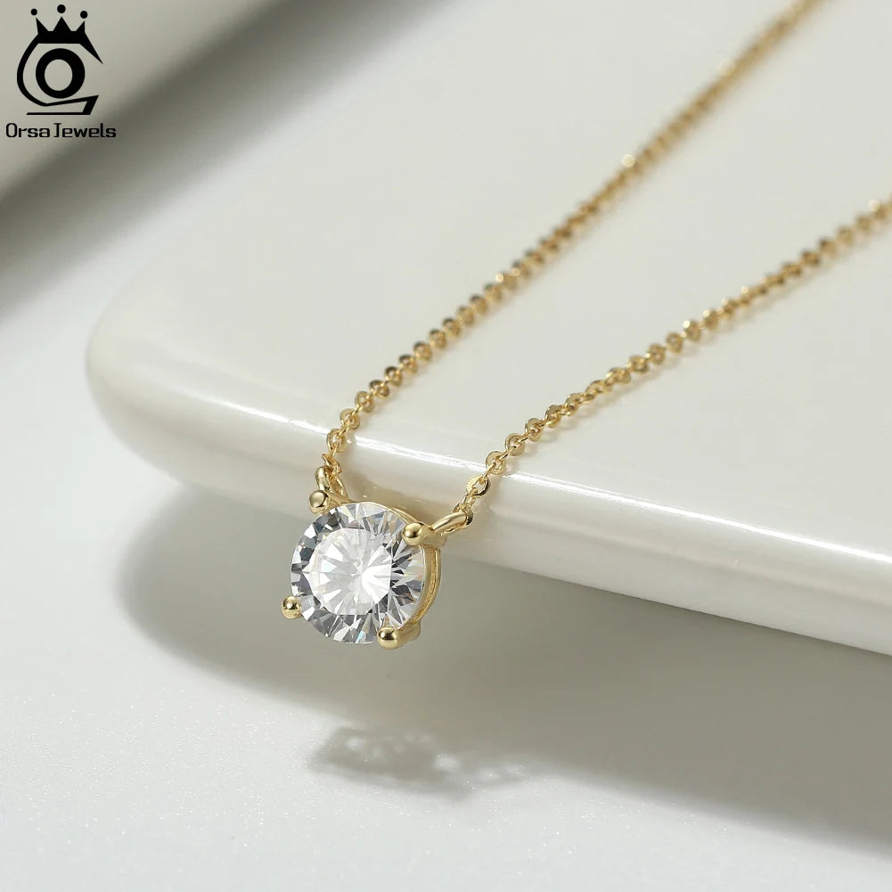 ORSA JEWELS 925 Sterling Silver Dainty Necklace for Women 14K Gold Plated Round Brilliant Cut Solitaire Pendant Necklace APN13