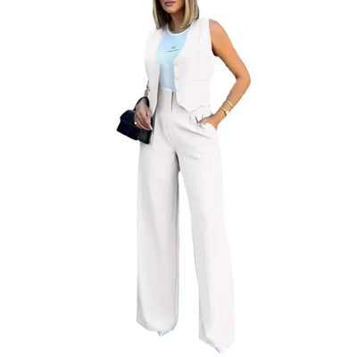 Trousers Suit Women's Vest Trousers Suit Elegant Loose Regular Work Suit High Waist Wide-leg Trousers 2-piece Street Suit