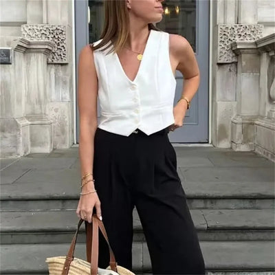 MUJER Women's Vest Black White Cropped Vest Top Women V Neck Sleeveless Vest Woman Fashion Working Summer Suit Vest Short Coats