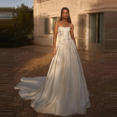 Luxury Wedding Dresses Women's Sexy Lace Up Sleeveless Strapless Bridal Gowns Backless Satin Formal Vestidos De Novia Customized