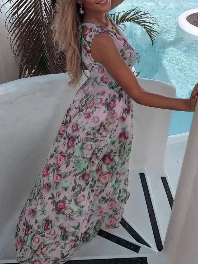 Summer Women Dress Floral Print Fashion Slim V-Neck Tie-Up Backless Chiffon Sexy Sleeveless Slit Maxi Cover-Ups Robe Beach Dress