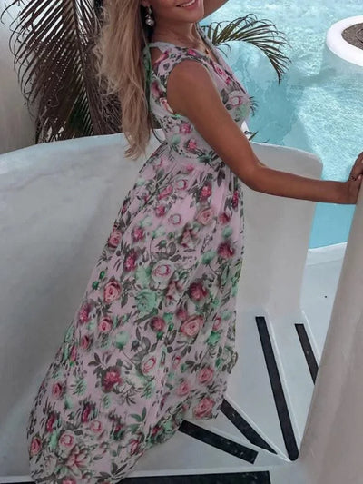 Summer Women Dress Floral Print Fashion Slim V-Neck Tie-Up Backless Chiffon Sexy Sleeveless Slit Maxi Cover-Ups Robe Beach Dress