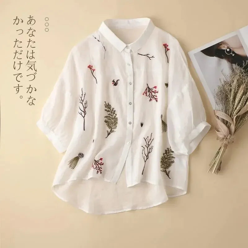 Summer Seven Point Cotton Linen Embroidered Shirt for Women 2024 New Literary Loose Temperament Lapel Casual Top for Women
