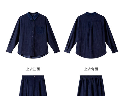 VIMLY Navy Blue Denim Suit Women's 2025 Autumn Outfits Vintage Lace Polo Collar Shirt Wide Legs Pants Ladies 2 Piece Sets A2526