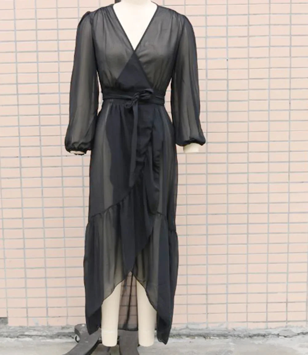 2024 New Lace Up Bikini Cover Ups for Women Maxi Dresses Solid Long Sleeve Beach Dress