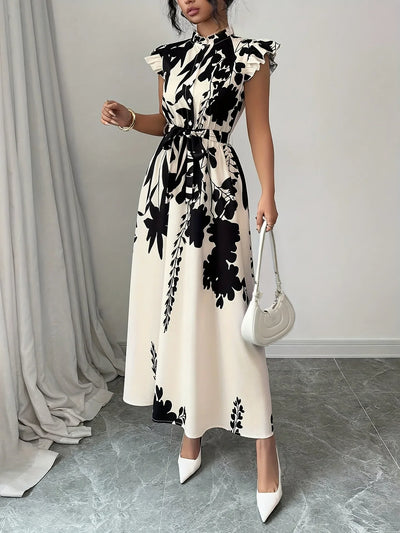 Summer Dress Women Flower Floral Print Fashion Elegant Ladies Dresses Slim High Waist Ruffle Pleated Woman Dress