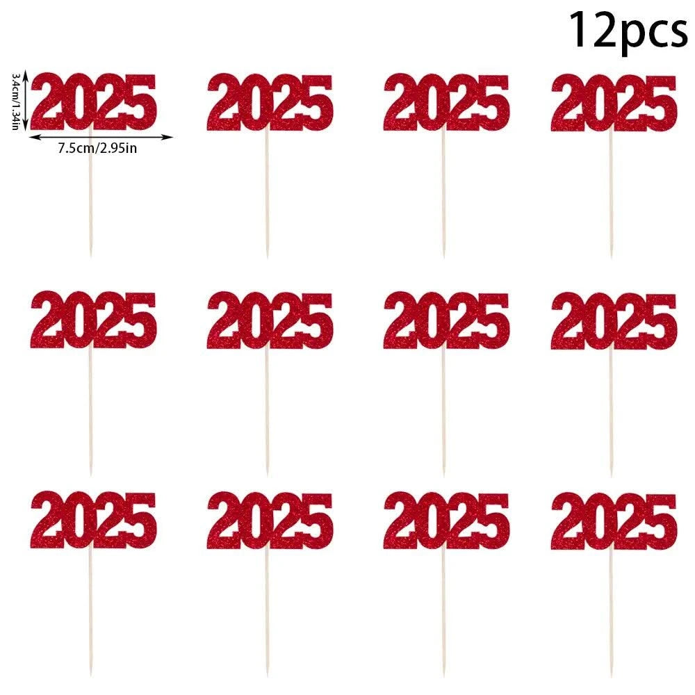 12pc Glitter 2025 Number Cupcake Toppers Happy New Year Party Cake Decoration Christmas Graduation Party Cake Toppers Home Items