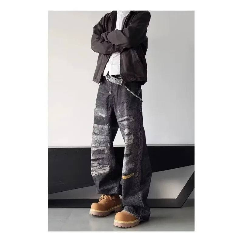 High Street Men's Jeans Trendy Printed Pattern Washed Worn-out Straight Leg Jeans American Style Male Denim Pants Black Jeans