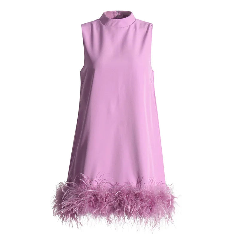 A-line Skirt 2025 Spring New Style Stand-up Collar Sleeveless Solid Color Feather Stitching Dress for Women