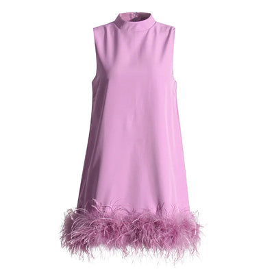 A-line Skirt 2025 Spring New Style Stand-up Collar Sleeveless Solid Color Feather Stitching Dress for Women