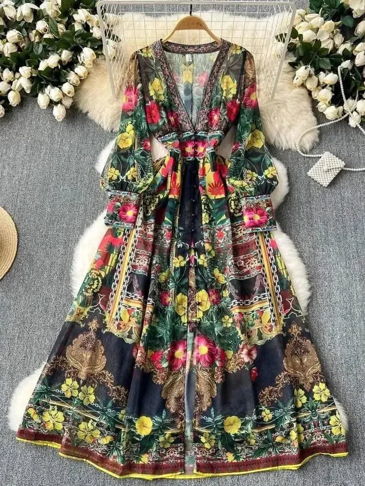 Summer Gorgeous Flower Dress Women Chiffon Clothing Sexy Deep V Neck Single Breasted Floral Print Beach Boho Long Robe Vestidos