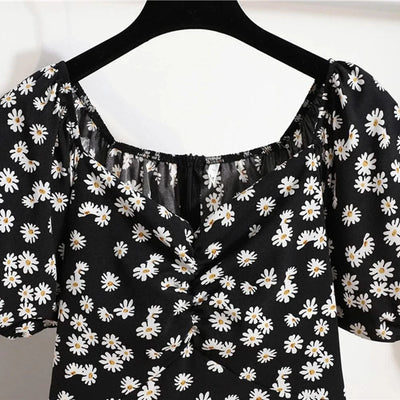 Women Mini Dresses Summer Fashion Female Vestidos Print Floral Chiffon Dresses Shirring Pleated Short Puffy Sleeve Casual Dress