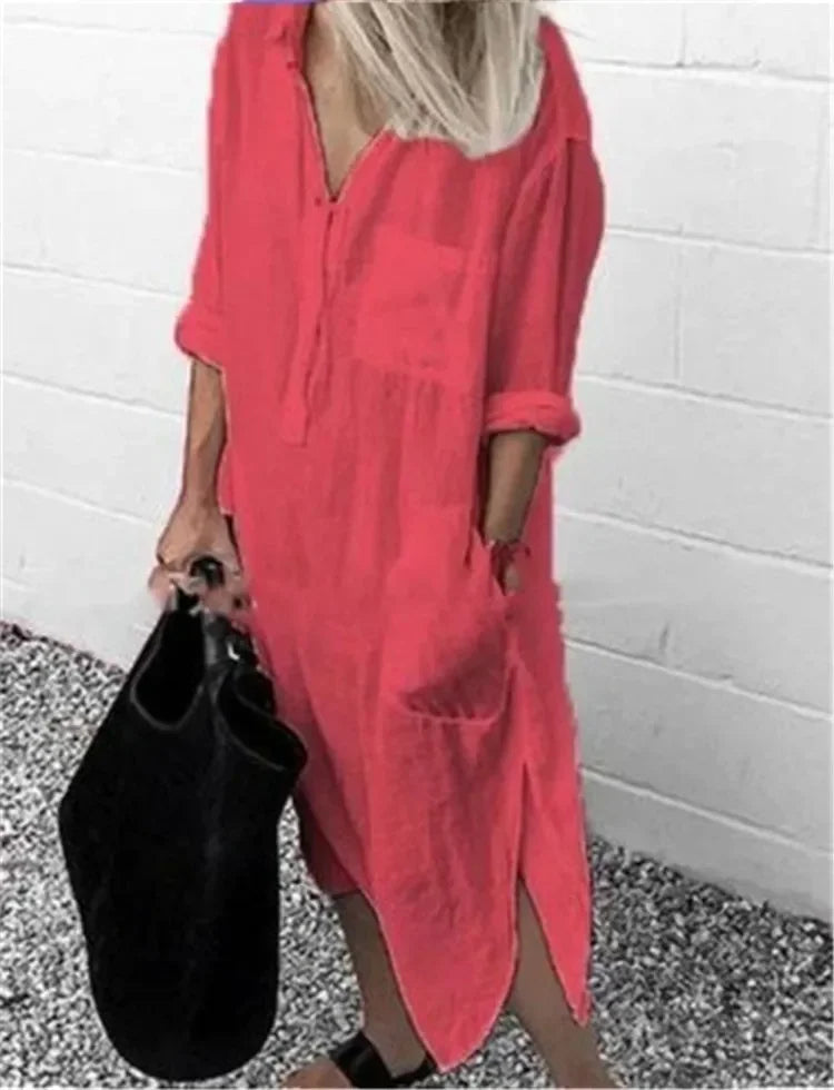 Women's Cotton Linen Shirt Dresses Loose Long Sleeve Turn-Down Collar Pullover Solid Dresse Casual Holiday Beach Party Sundress
