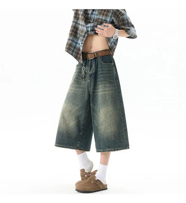 Trendy High-Waisted Wide-Leg Cropped Jeans for Men 2025 Summer Casual Stretch Denim Capri Pants Comfort Fit & Stylish Outfit 8XL