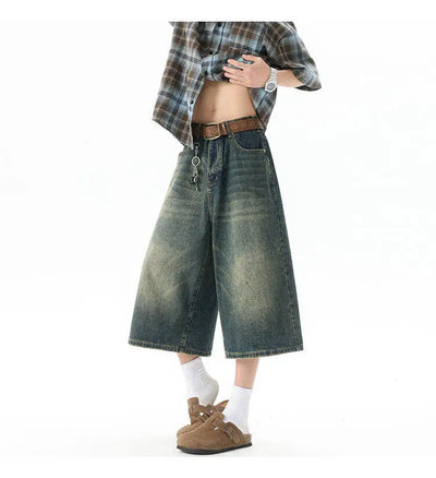 Trendy High-Waisted Wide-Leg Cropped Jeans for Men 2025 Summer Casual Stretch Denim Capri Pants Comfort Fit & Stylish Outfit 8XL