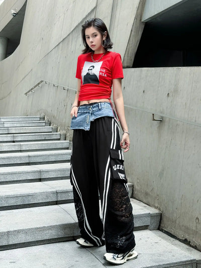Wide Leg Pants Women Floor Length Patchwork Lace Denim Stripe Print High Waist Multiple Pockets 2025 Streetwear Cargo Trousers