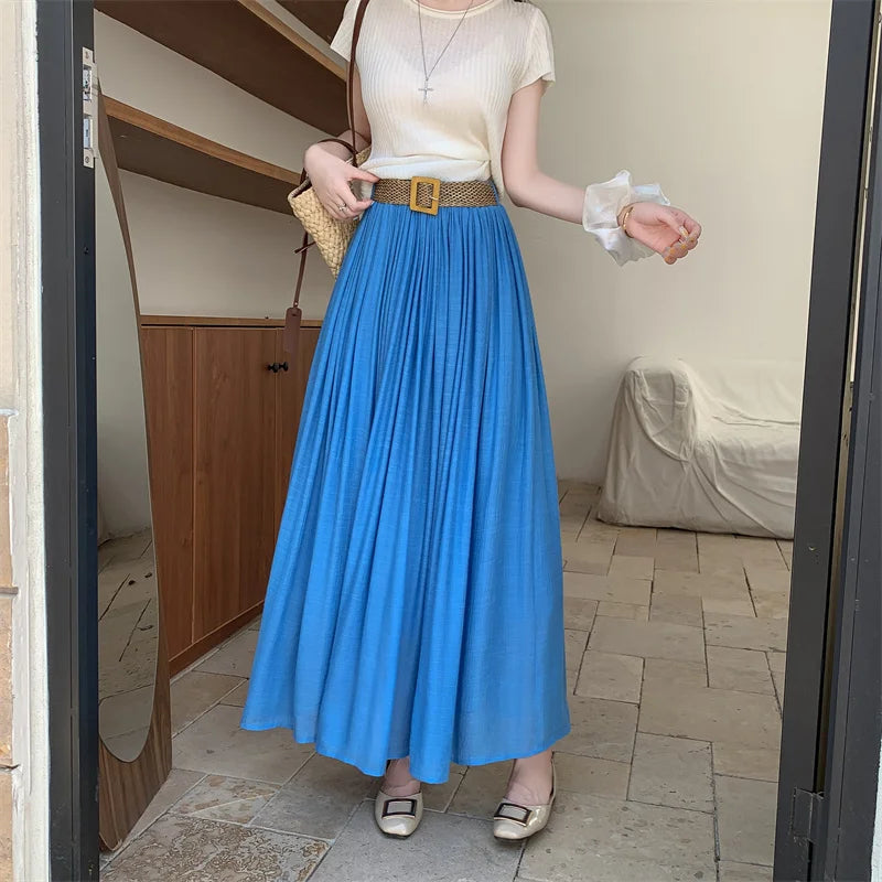 2025 New High Waisted Cotton Linen Pleated Midi Skirt – Summer Flowy A-Line Maxi Skirt for Women, Breathable & Elegant