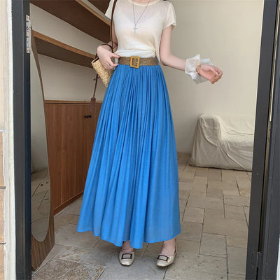 2025 New High Waisted Cotton Linen Pleated Midi Skirt – Summer Flowy A-Line Maxi Skirt for Women, Breathable & Elegant