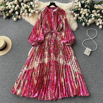 Retro Print Elegant Pleated Lantern Long Sleeve O Neck Single Breasted Dress A-line  Casual High Waist Women Summer Dresses