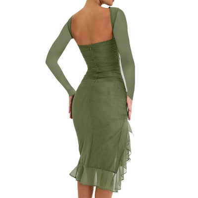 Women Midi Dress Long Sleeve Irregular Mesh Ruffles Mermaid Dress Sexy Backless Party Cocktail Dress