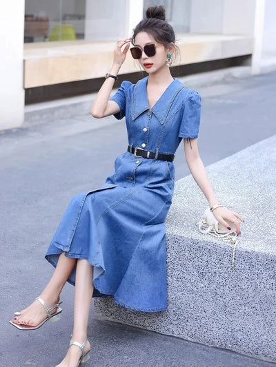 Denim Dress Women 2025 Spring Summer New Temperament Waist Fashion Fishtail Skirt Female Single Breasted Long Slim Dresses