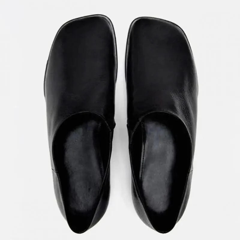 Genuine Leather Women's Black Square Toe Flats Comfortable Summer Shoes