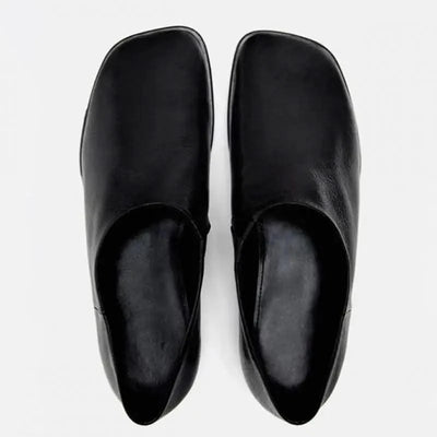 Genuine Leather Women's Black Square Toe Flats Comfortable Summer Shoes