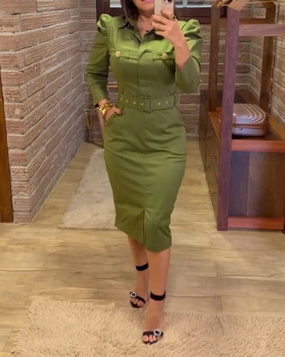 Women's Elegant Dresses Temperament Turn-Down Collar Long Sleeve Button Decor Front Slit Slim Mid-Calf Dress Work Skinny Dress