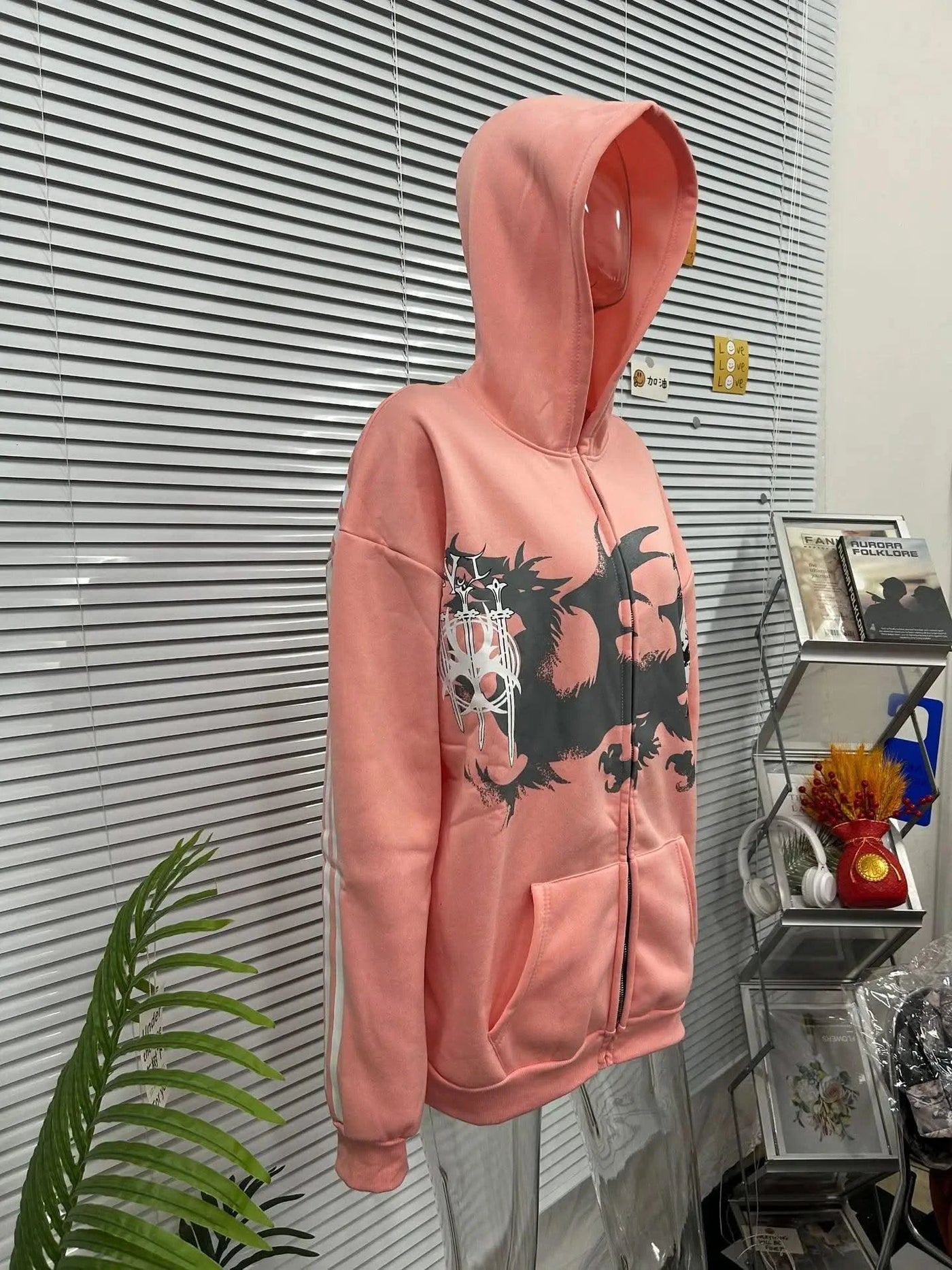 Sexy European and American printed striped hooded sweatshirt with zipper, pink men's and women's sports loose sweatshirt jacket