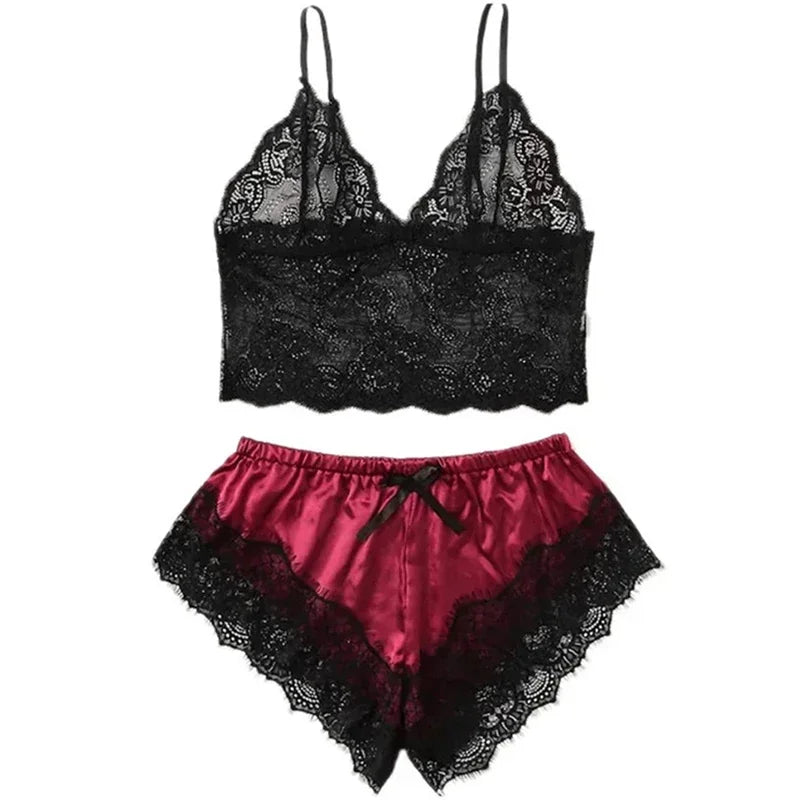 Sleepwear Womens Sexy Pajamas Set Lace Nachtkleding Lingerie Sleeveless V-Neck Tops and Shorts Sets Nightwear Loungewear