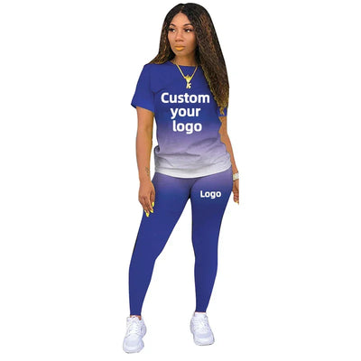 Two Piece Set Women Tracksuits Sets DIY Printed Personality Short Sleeve T shirts + Pants Sports Suit Custom your logo For Women