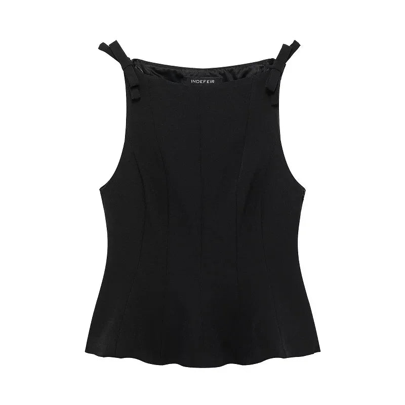 MUJER White Bow Sleeveless Tops for Women Black off Shoulder Top Female Spring Casual Tank Tops Woman 2025 Pleated Women's Tops