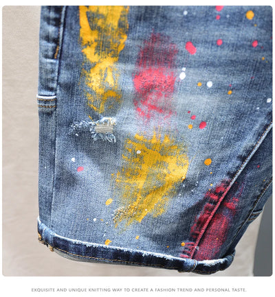 Men Fashion Denim Shorts Jeans New Summer Male Blue Ripped Jeans Shorts High Quality Man Paint Splash Technology Denim Shorts
